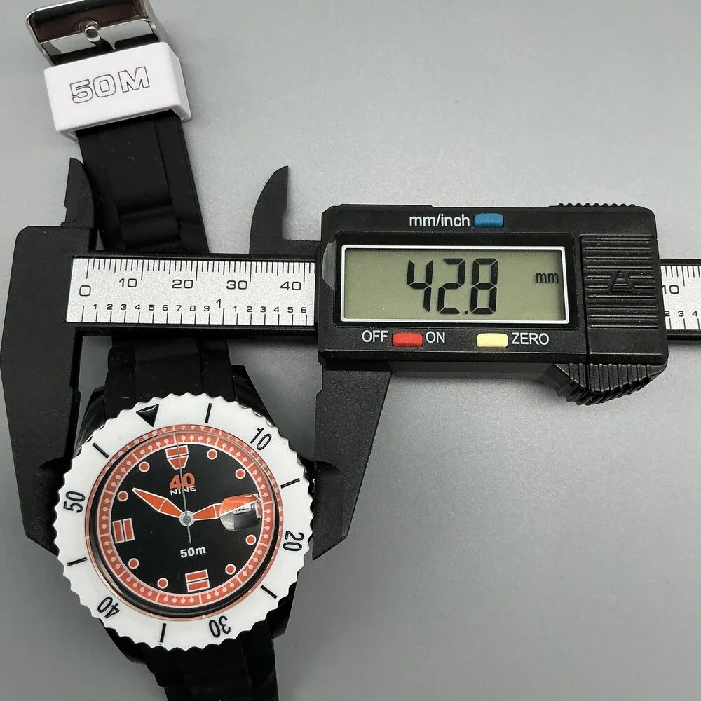 40nine Mens Watch 43mm Black Orange Dial White Bezel Date Silicone New Battery